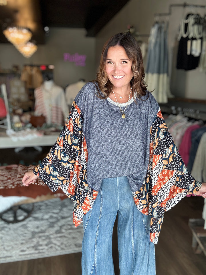 Blue Patchwork Print Boho Top