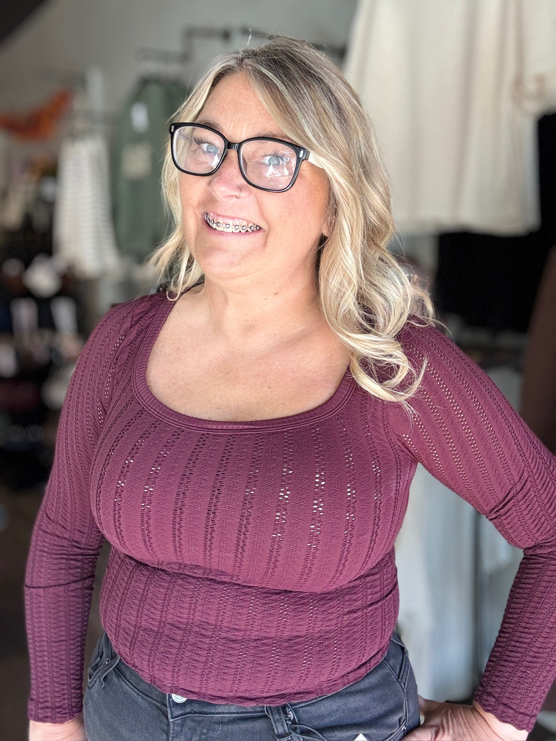 Pointelle Stripe Scoop Neck Top