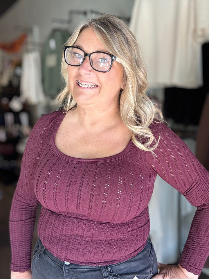 Pointelle Stripe Scoop Neck Top