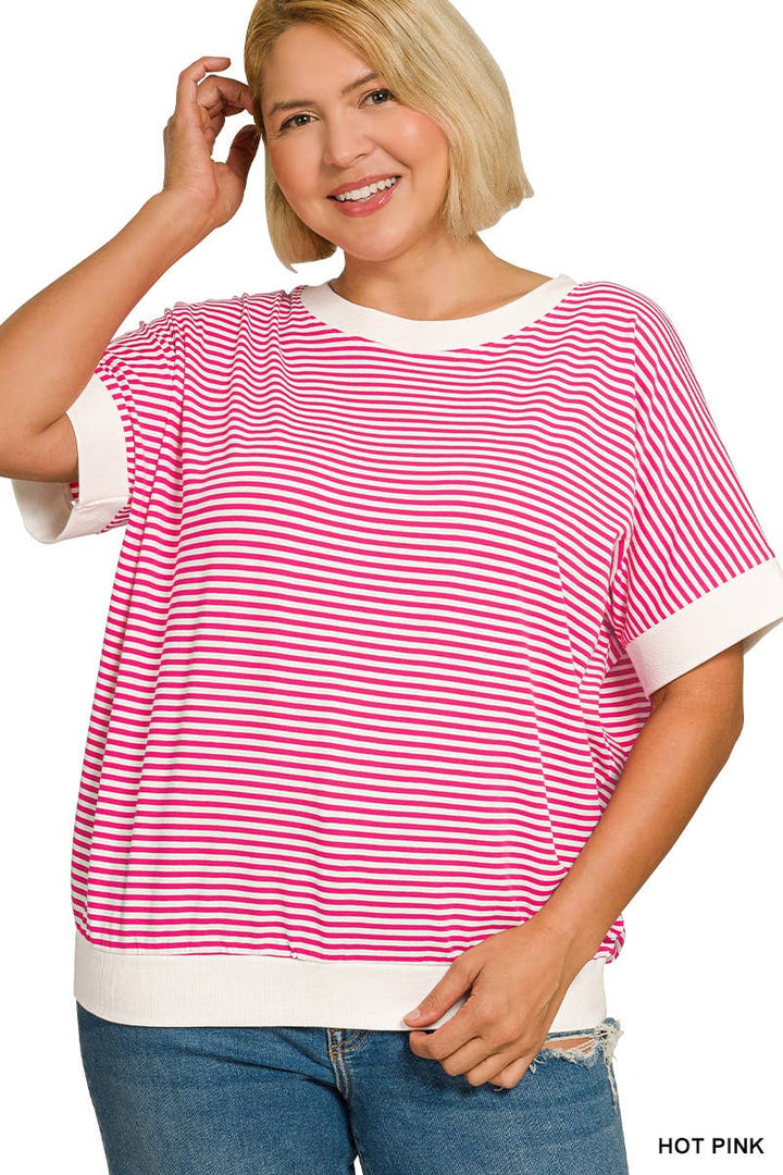 Plus Stripe Contrast Trim Banded Bottom Top