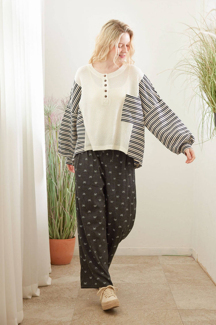 Ribbon Print Casual Long Pants
