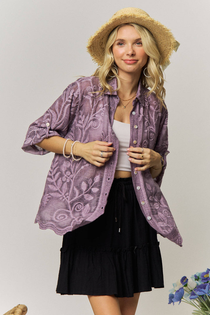 VINTAGE BOHO EMBROIDERED BUTTON-DOWN SHIRT - LET4283