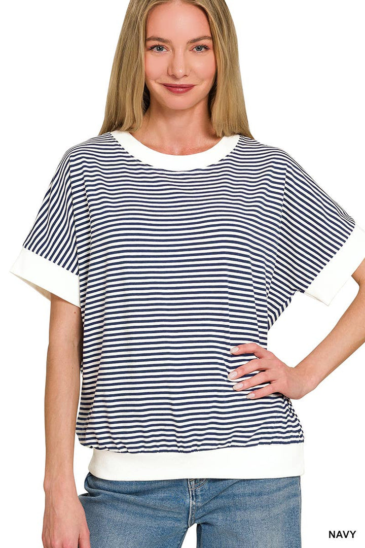 Stripe Contrast Trim Banded Bottom Top - Zenana