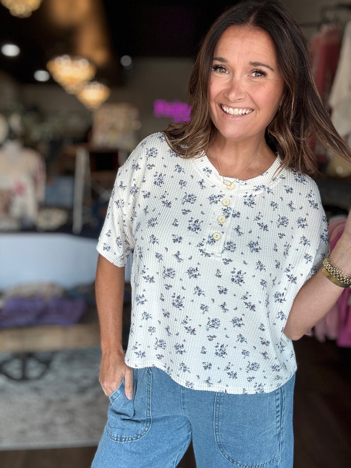 Cozy Sunday Blue Floral Tee