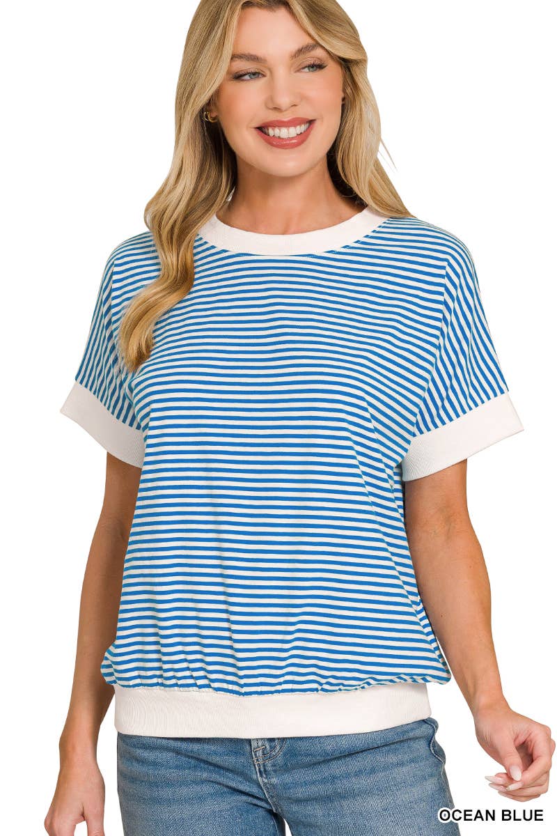 Stripe Contrast Trim Banded Bottom Top - Zenana