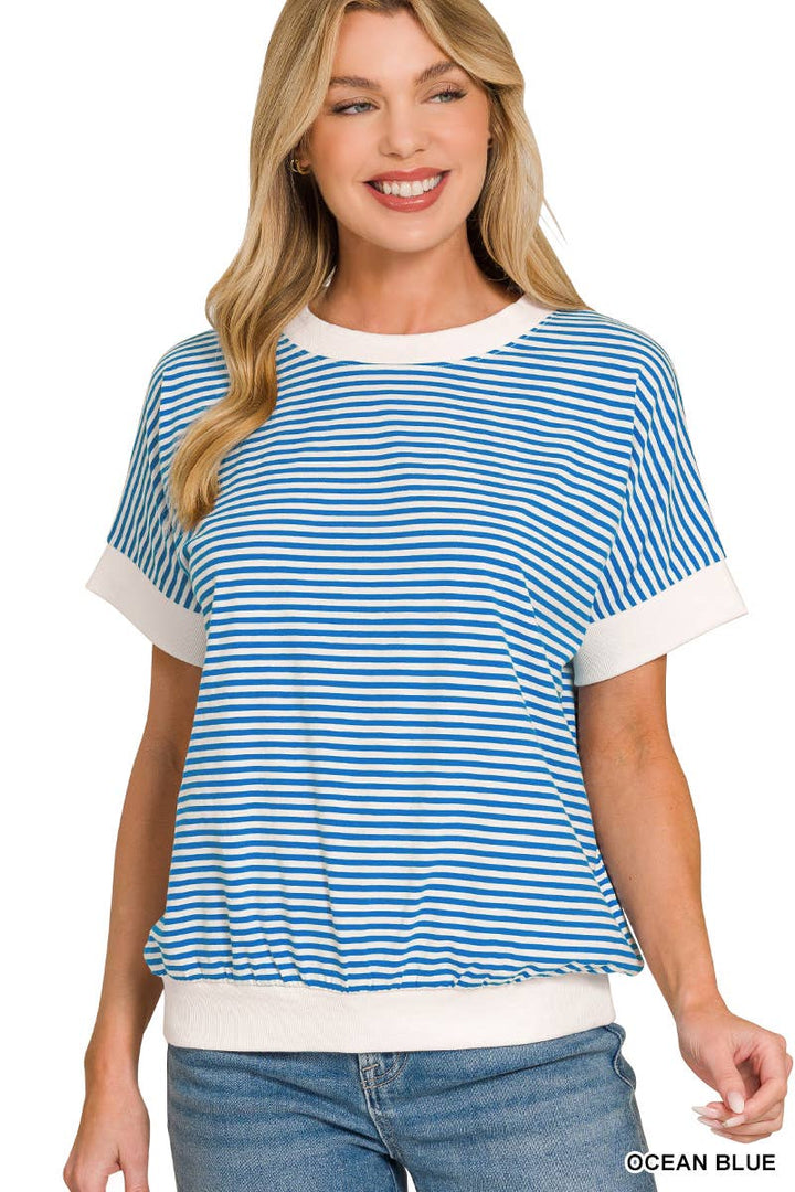 Stripe Contrast Trim Banded Bottom Top - Zenana