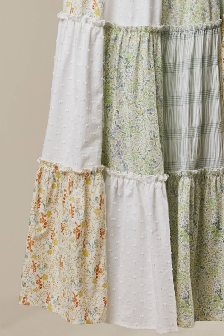 Patchwork Tie-Shoulder Tiered Maxi Dress