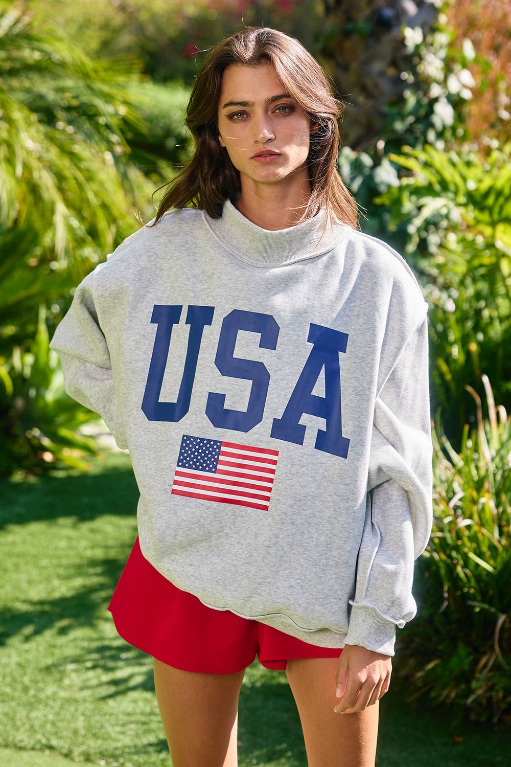 ****PREORDER WILL NOT BE HERE UNITIL JULY****. Reversible USA Grey Mock Neck Sweatshirt