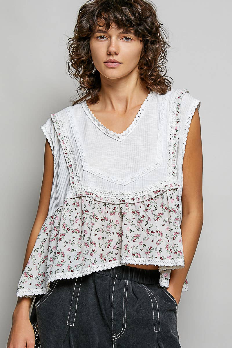 V-neck Floral Pattern Trim Ruffle Rib Knitted Sleeveless Top