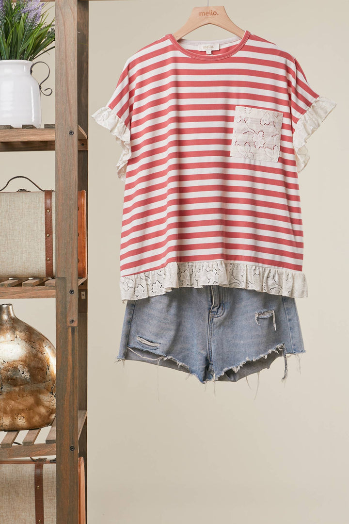 STRIPED TOP WITH LACE TRIM