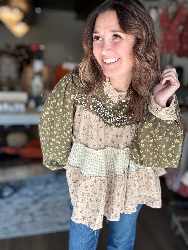 Olive Floral Tiered Top