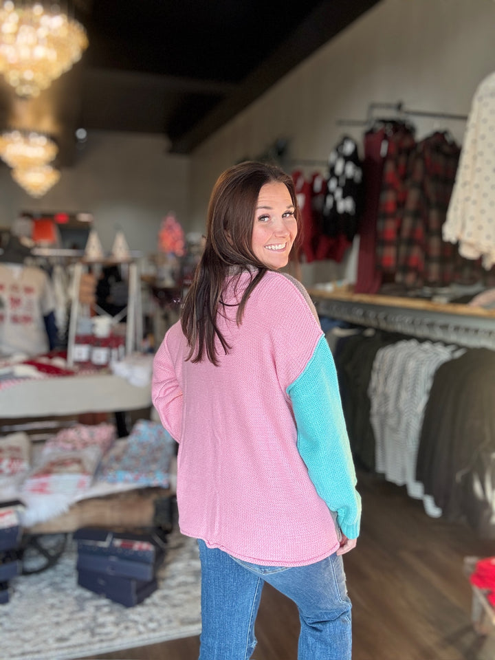 Teal & Pink Color Block Sweater