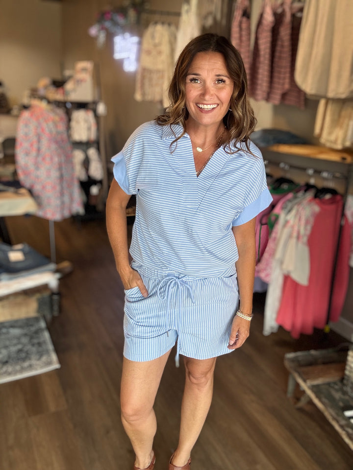 Sky Blue Stripe Shorts Set