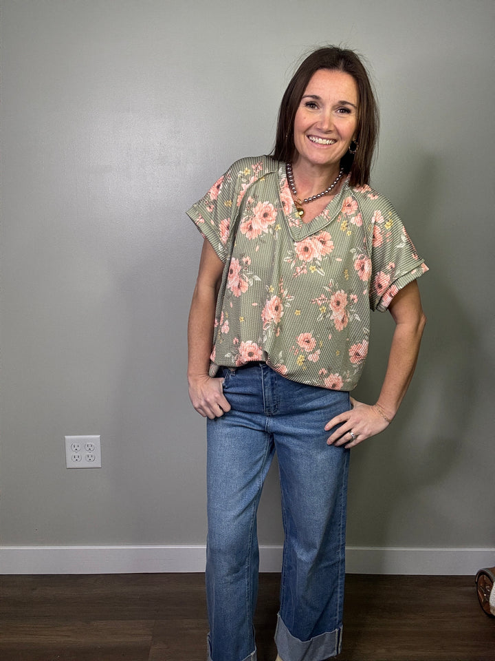 Olive Ribbed Floral Top