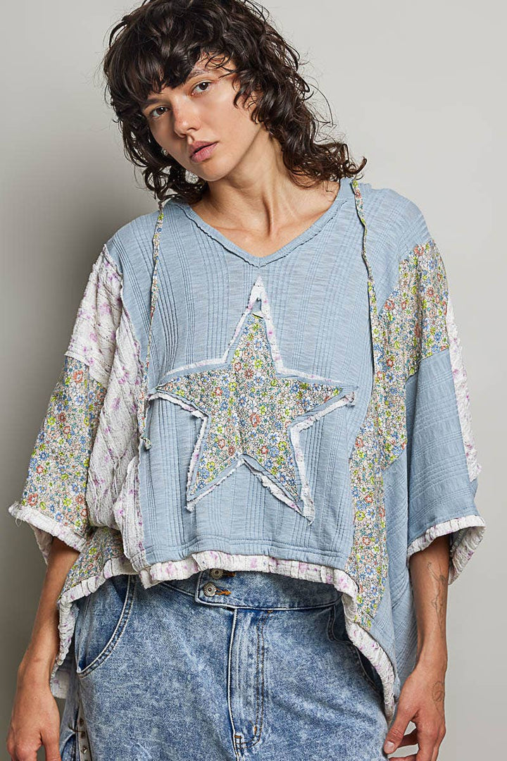 Long Sleeve Lace Contrast Floral Star Patch Knit Top SALE