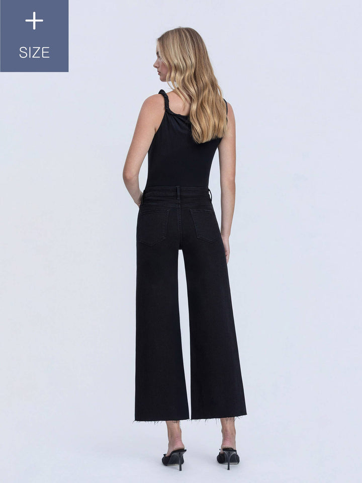 PLUS HIGH RISE RAW HEM CROP BLACK  WIDE LEG JEANS LV1220BK-P