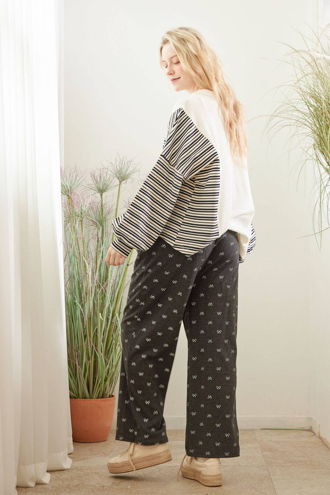 Ribbon Print Casual Long Pants