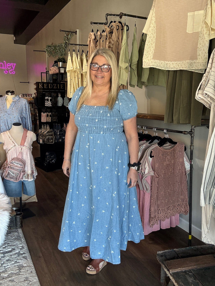 Denim Smocked Floral Midi Dress