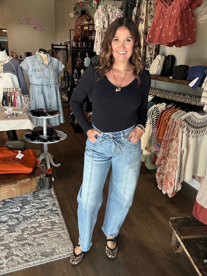 Lovervet Barrel Leg Waist Tie Jeans