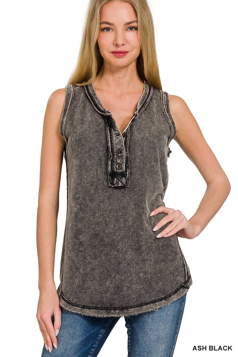 Washed Half Button Raw Edge Henley Top - Zenana