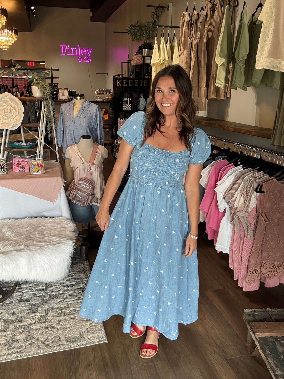 Denim Smocked Floral Midi Dress