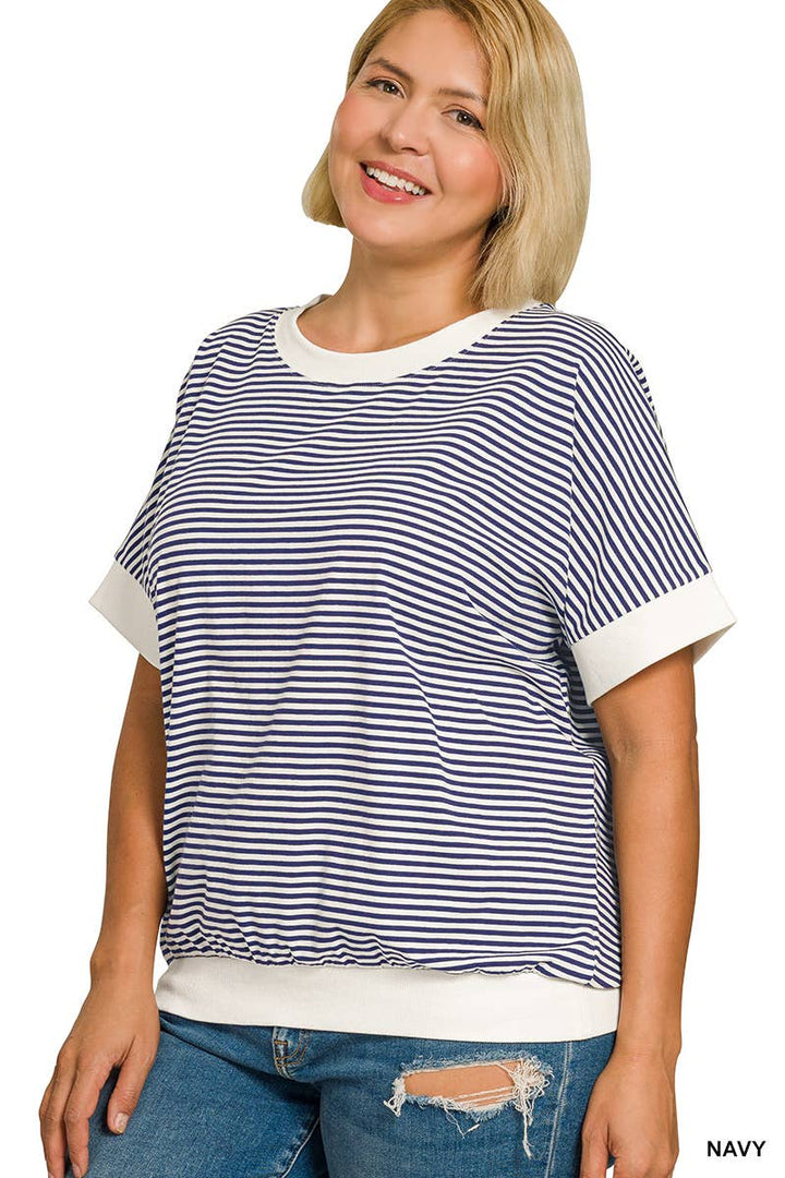 Plus Stripe Contrast Trim Banded Bottom Top