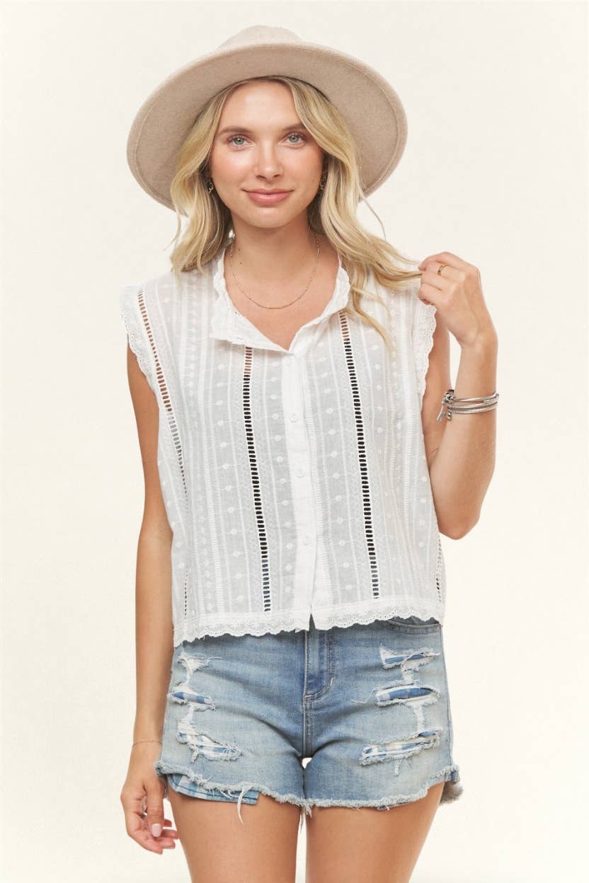 SLEEVELESS BOHO LACE TRIM BLOUSE- LET3998