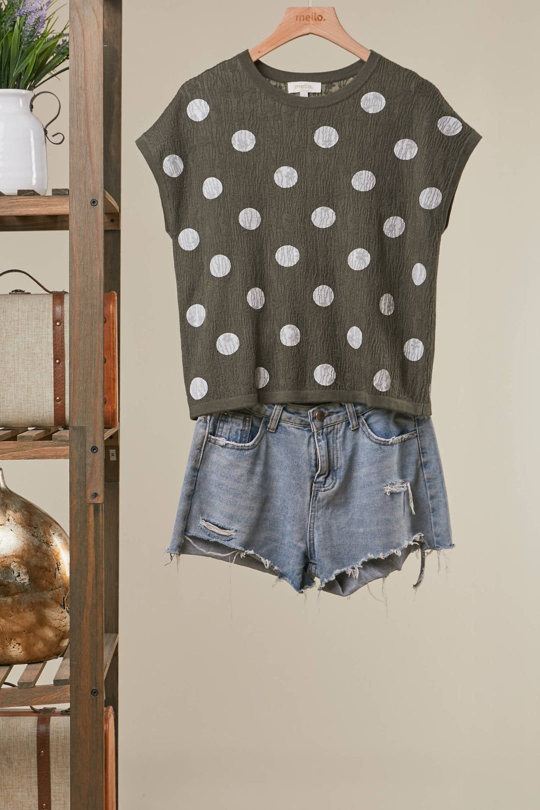 Textured Polka Dot Cap Sleeve Top