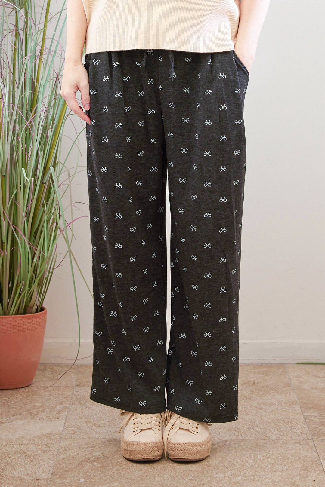 Ribbon Print Casual Long Pants
