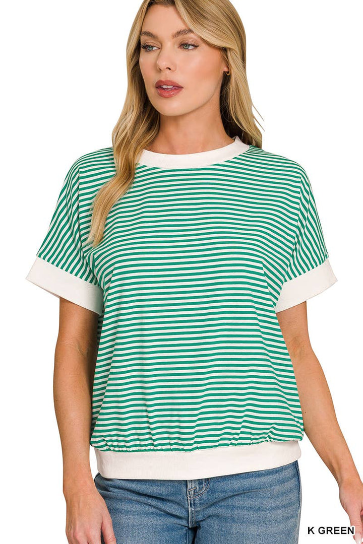 Stripe Contrast Trim Banded Bottom Top - Zenana