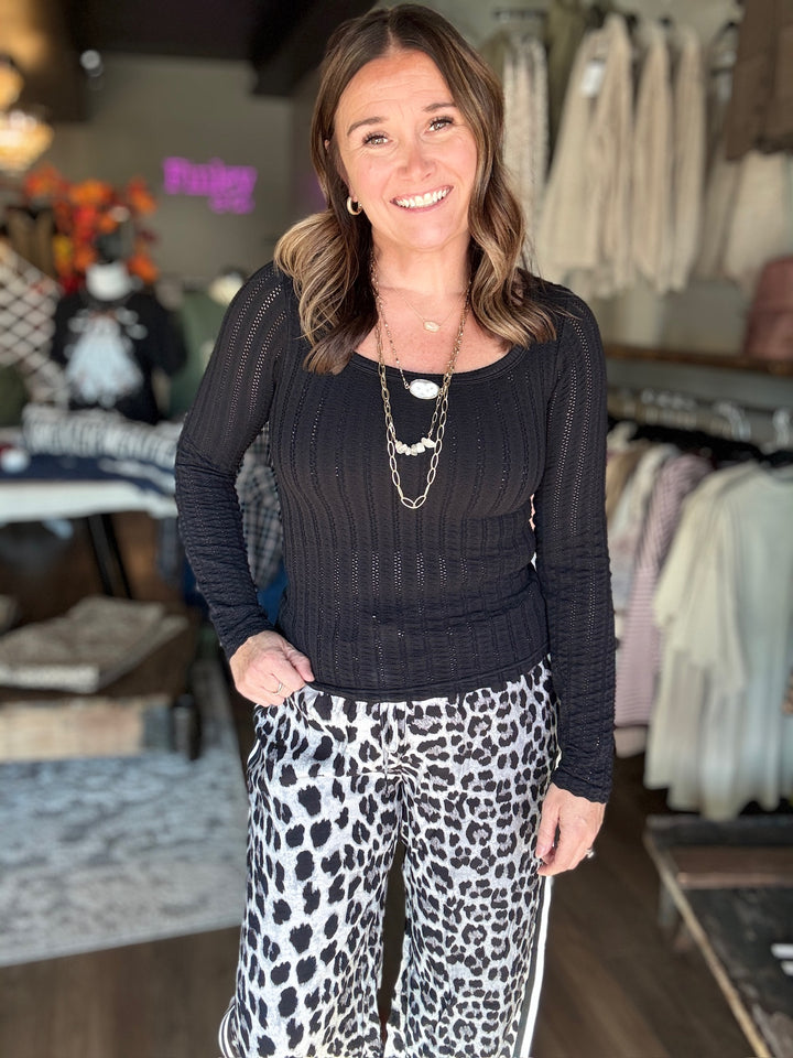 Pointelle Stripe Scoop Neck Top
