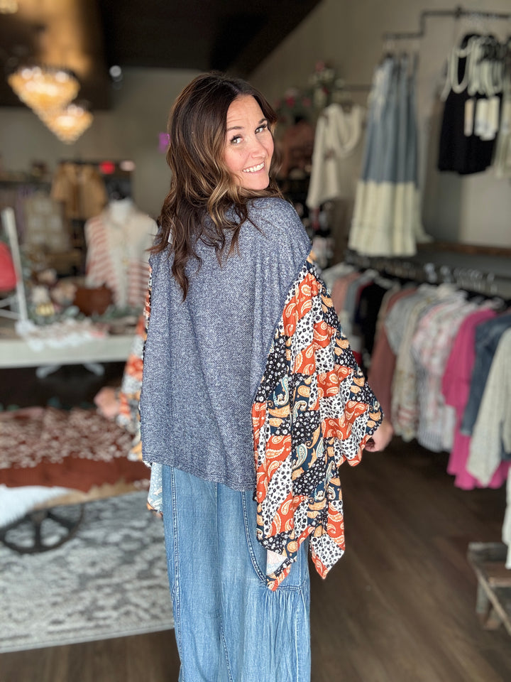 Blue Patchwork Print Boho Top