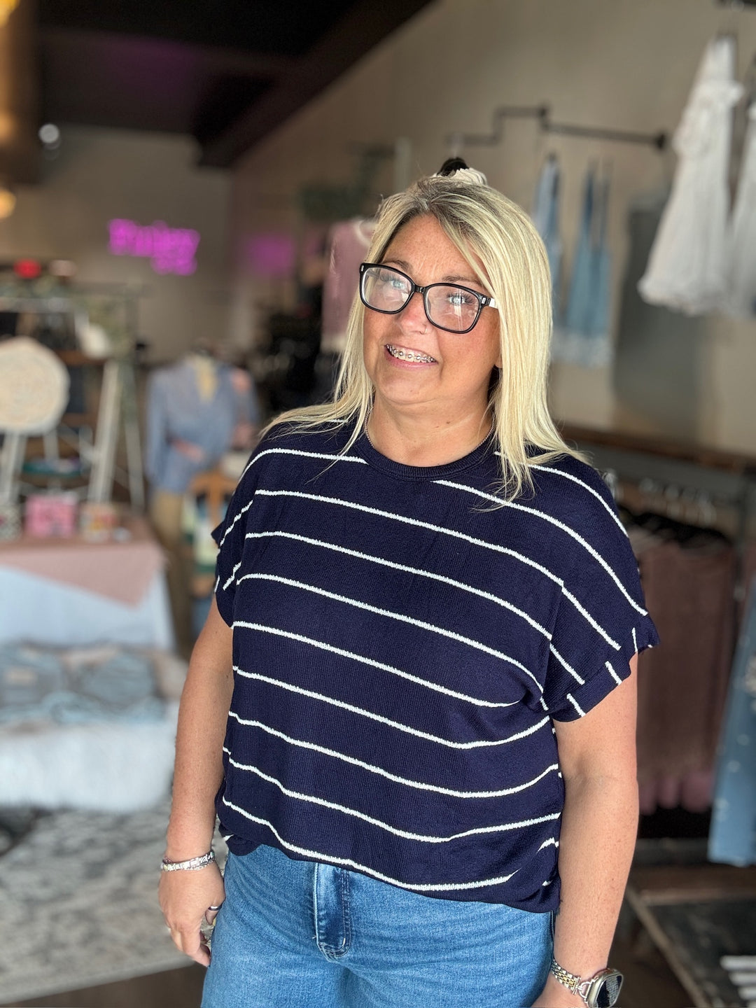 Navy Striped Knit Summer Tee