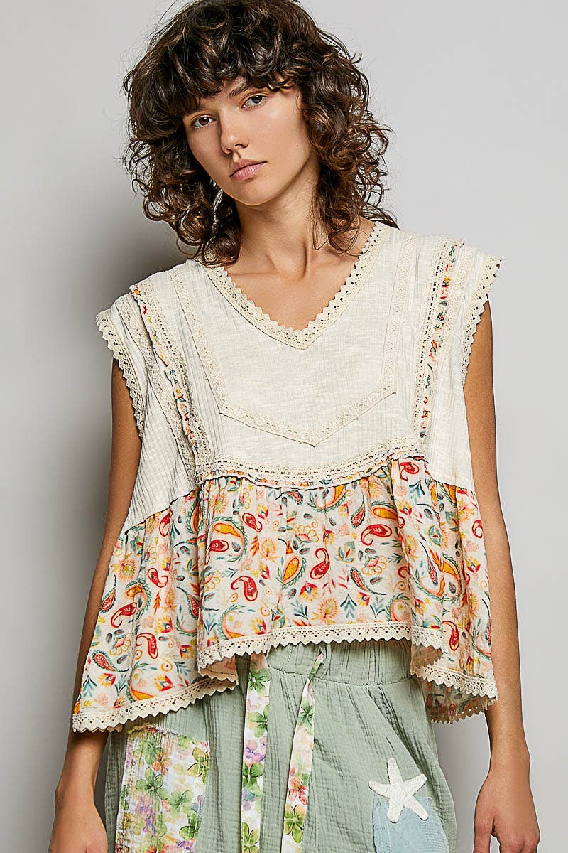 V-neck Floral Pattern Trim Ruffle Rib Knitted Sleeveless Top