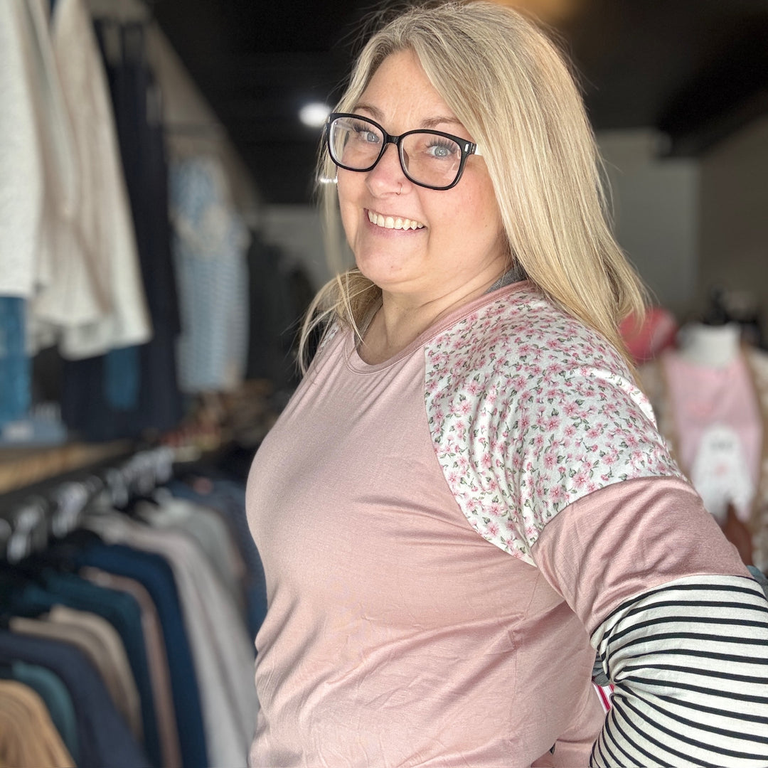 Dusty Pink Floral & Stripe Top