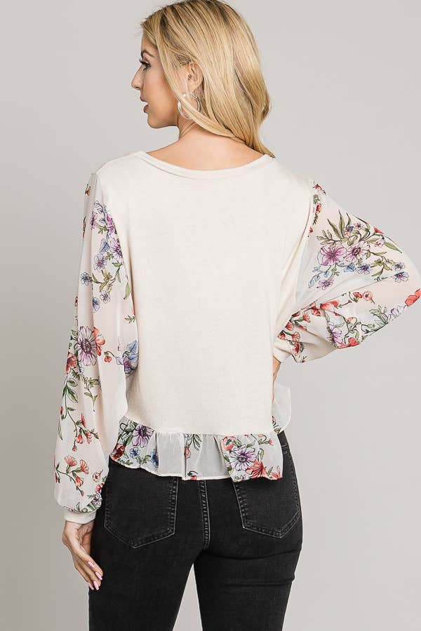 Printed chiffon sleeve ruffle hem sweater