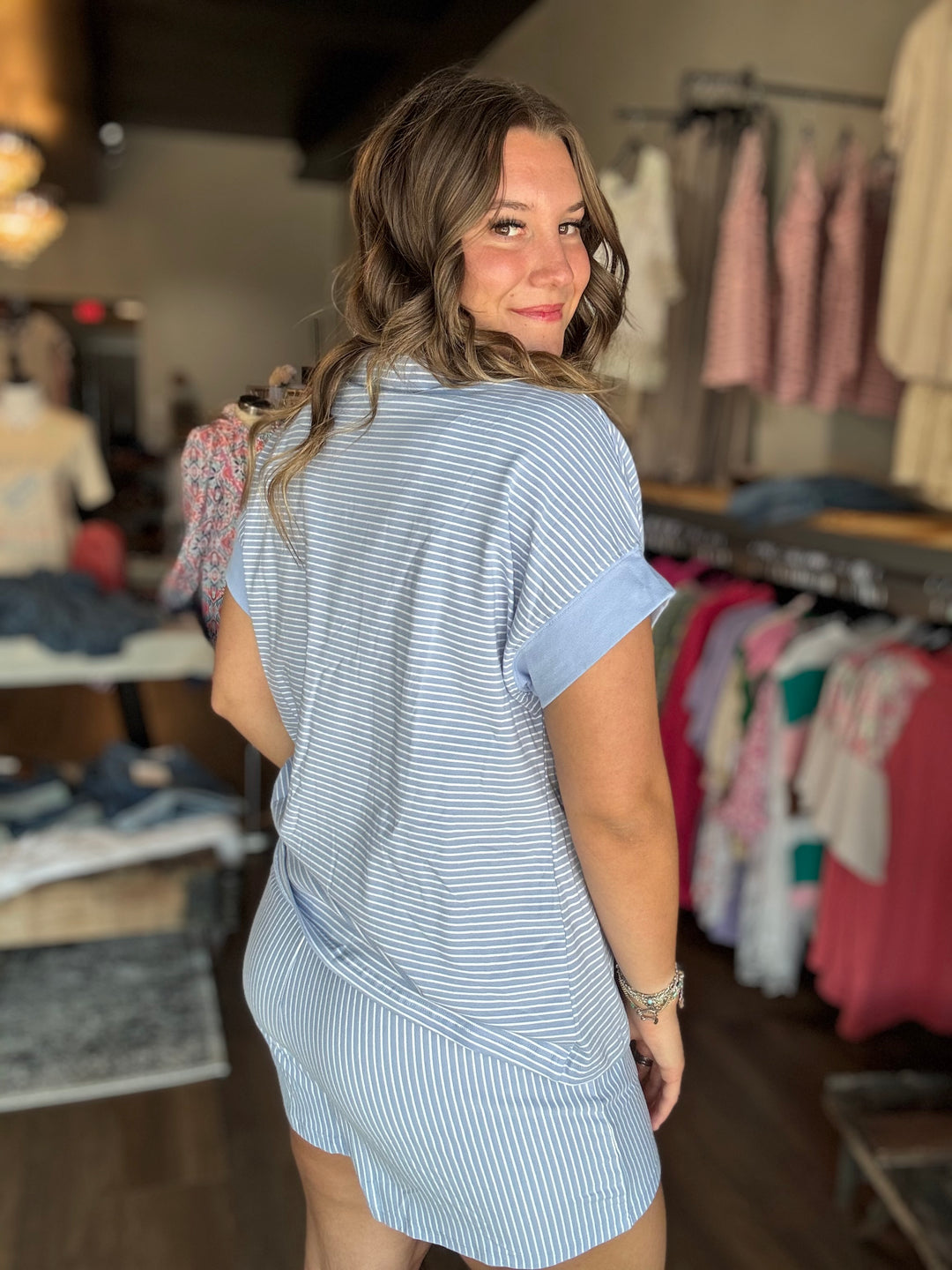 Sky Blue Stripe Shorts Set
