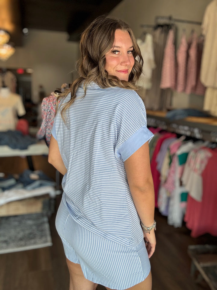 Sky Blue Stripe Shorts Set