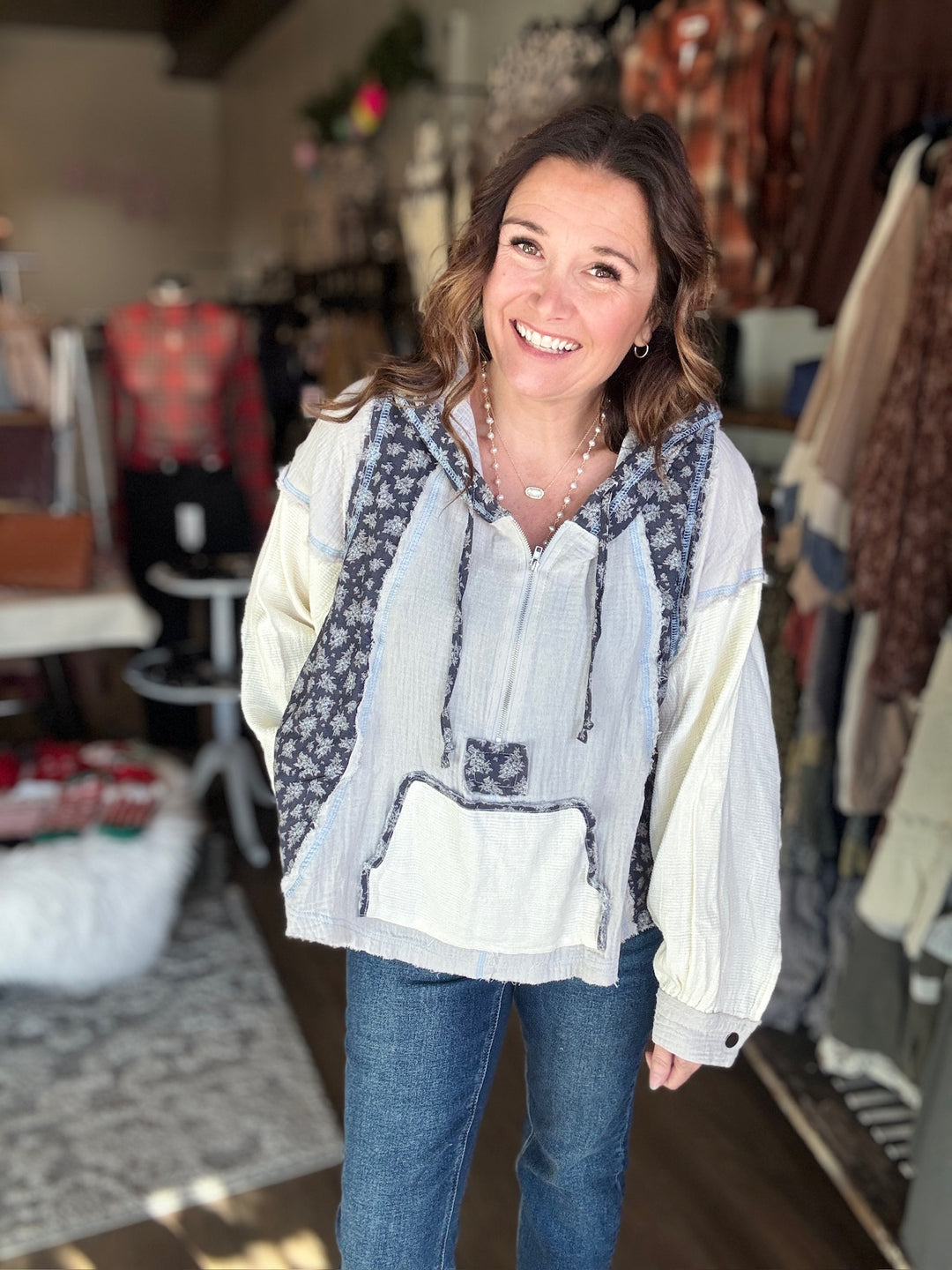 POL Floral Quarter Zip Top