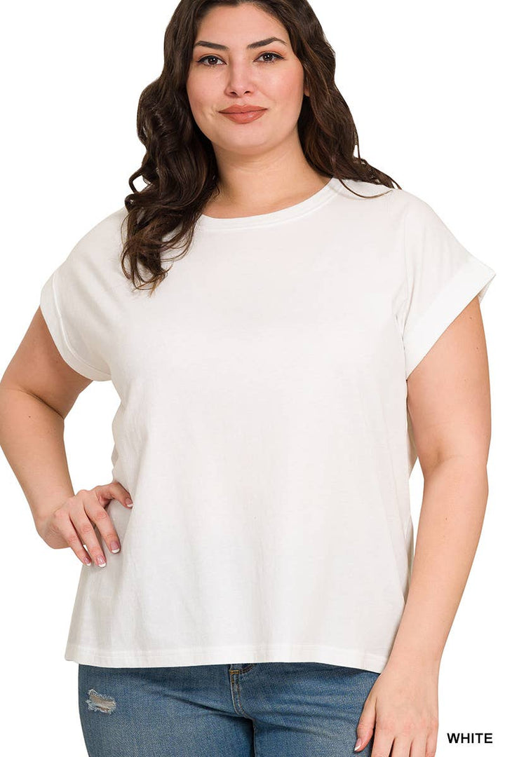 Cotton Folded Sleeve T Shirt