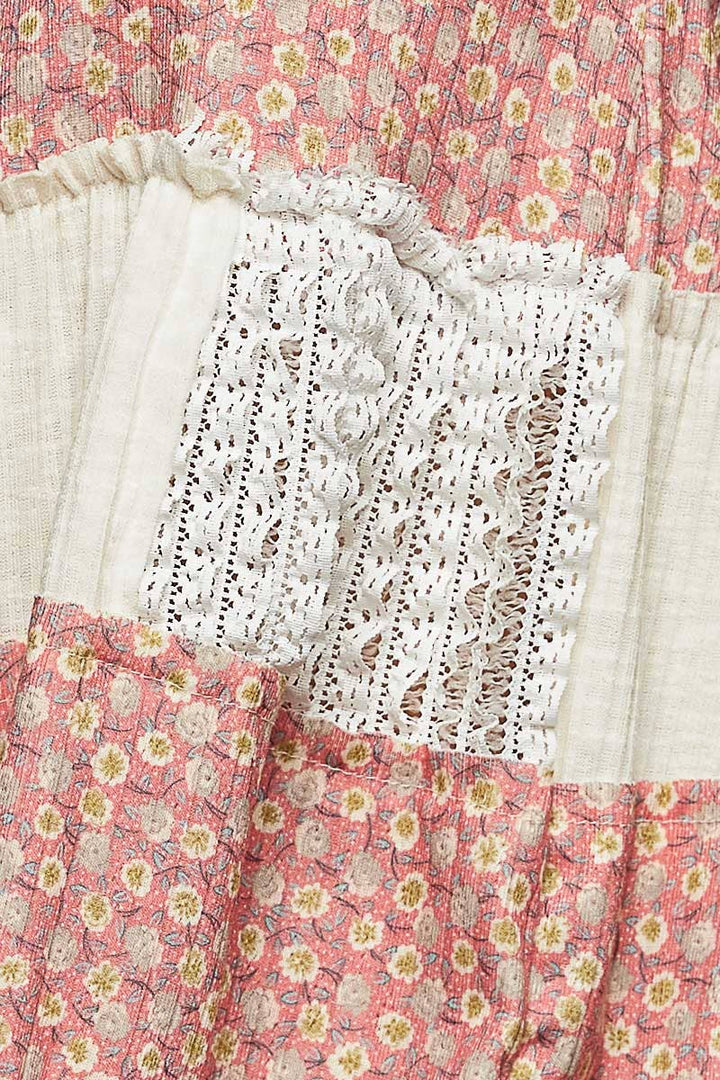 Floral Print Lace Round Contrast Neck Sleeveless Top