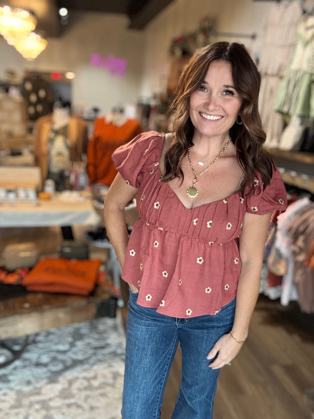 Daisy Embroidered Pleated Top