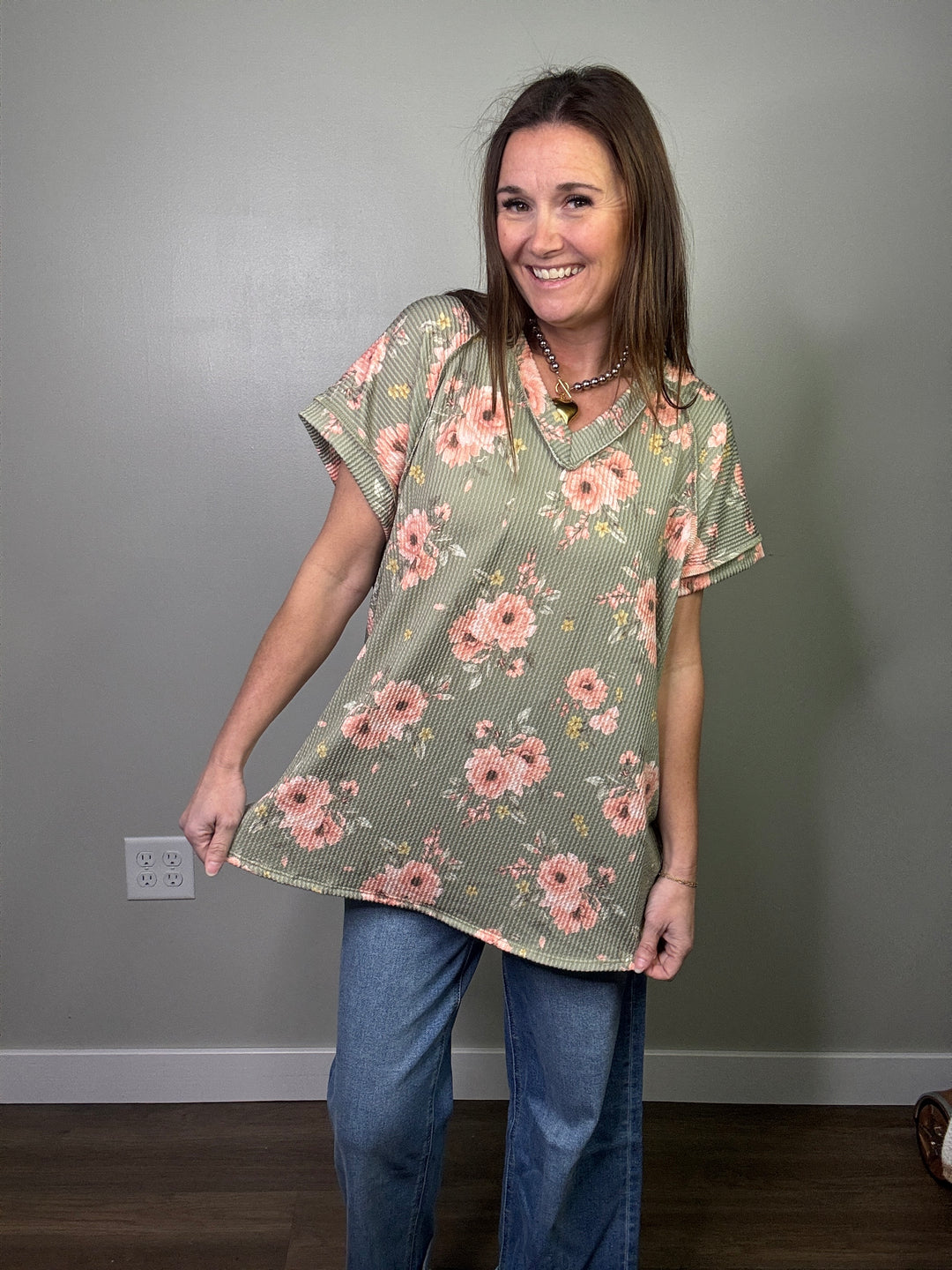 Olive Ribbed Floral Top