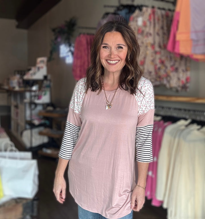 Dusty Pink Floral & Stripe Top