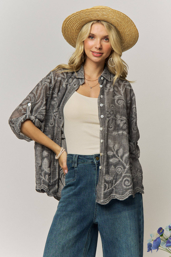 VINTAGE BOHO EMBROIDERED BUTTON-DOWN SHIRT - LET4283