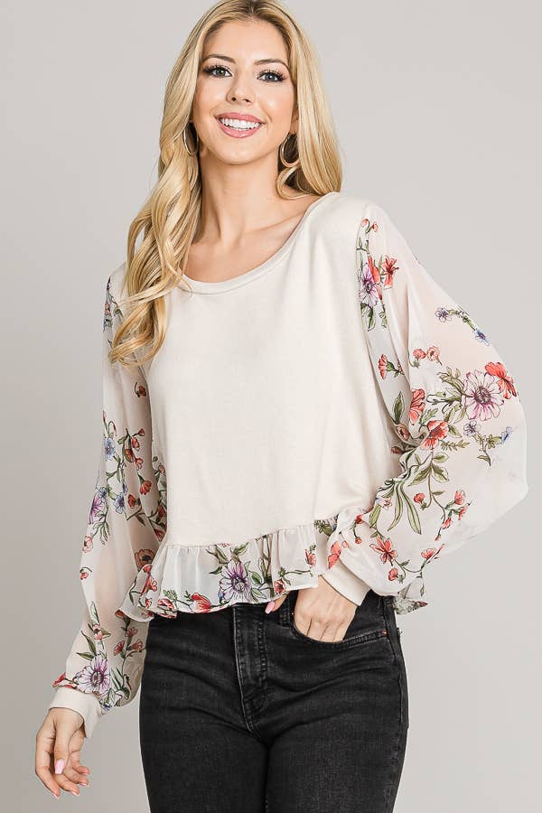 Printed chiffon sleeve ruffle hem sweater