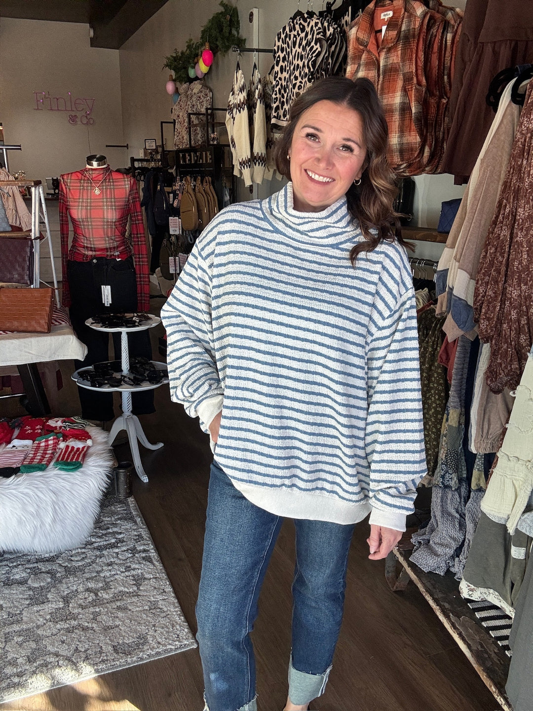Mock Neck Blue Striped Sweatshirt
