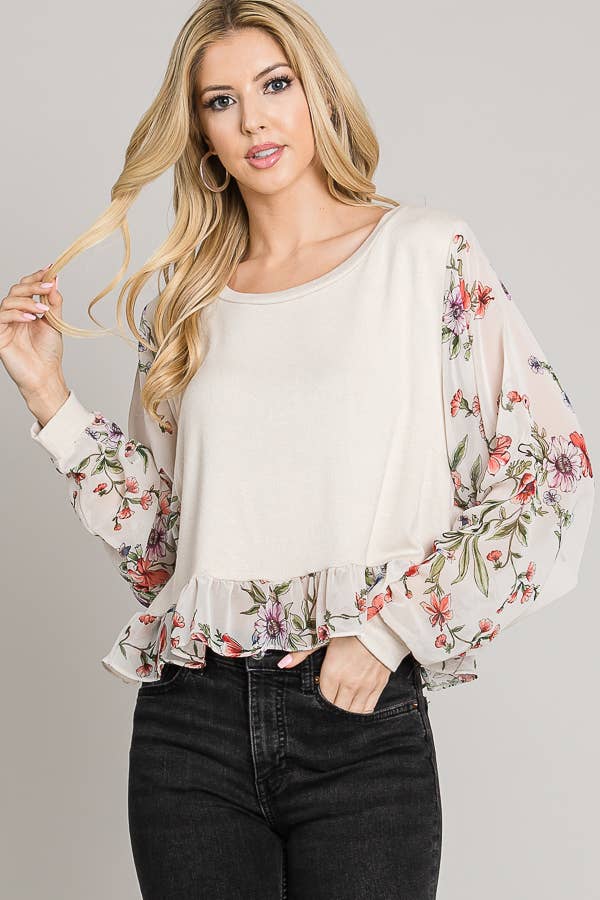 Printed chiffon sleeve ruffle hem sweater