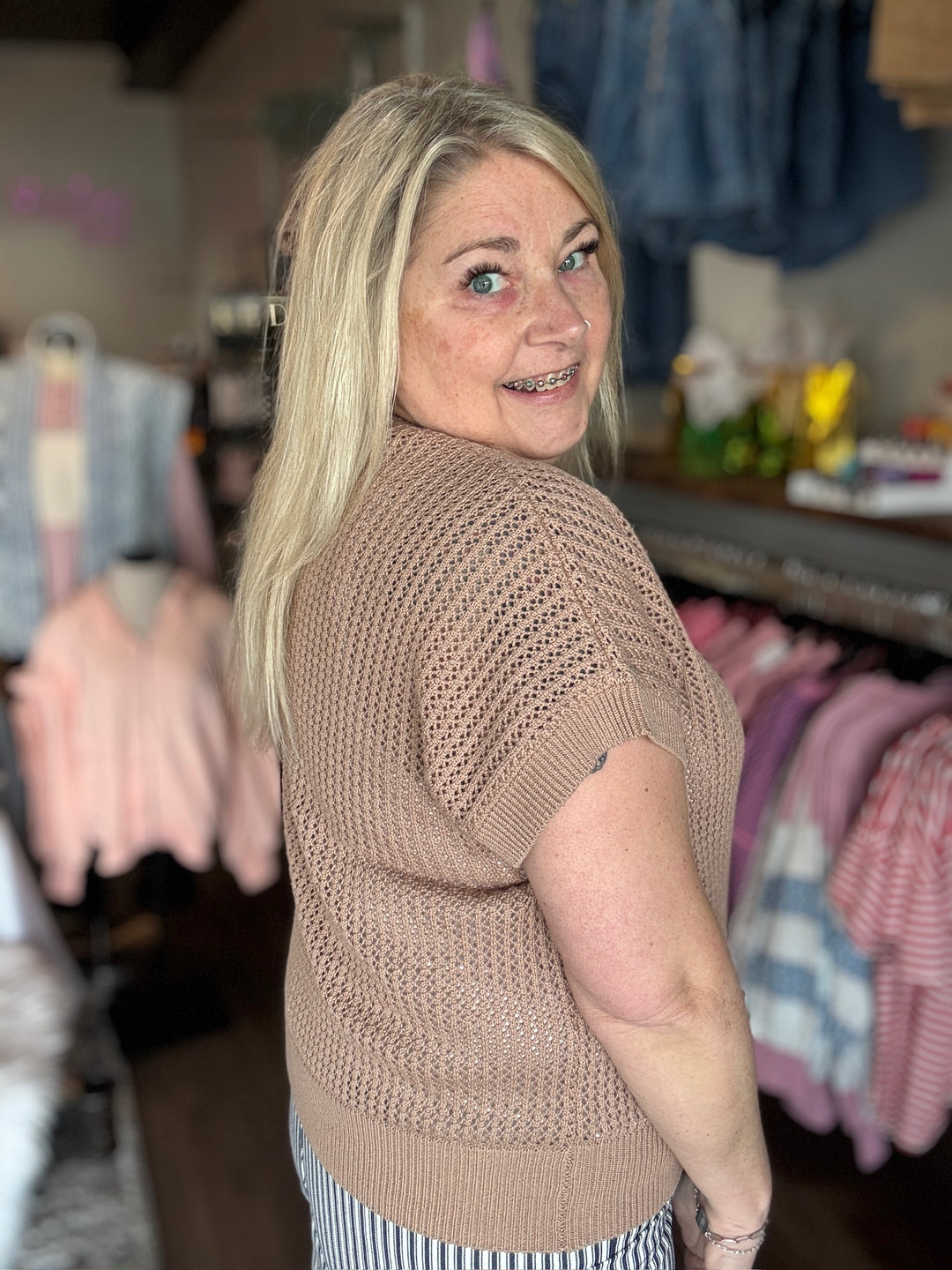 Taupe Open Knit Top