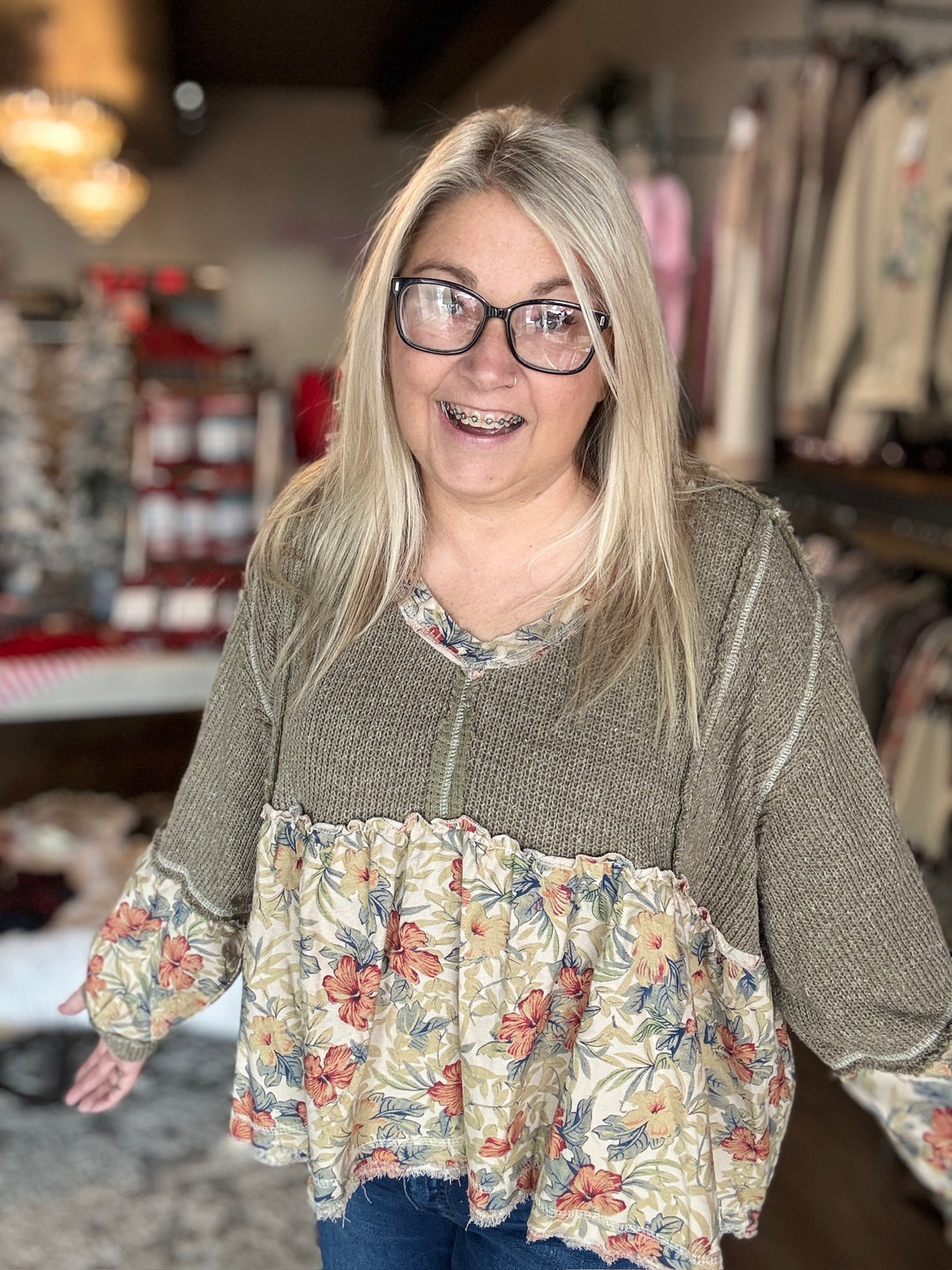 Green Knit Ruffle Floral Top